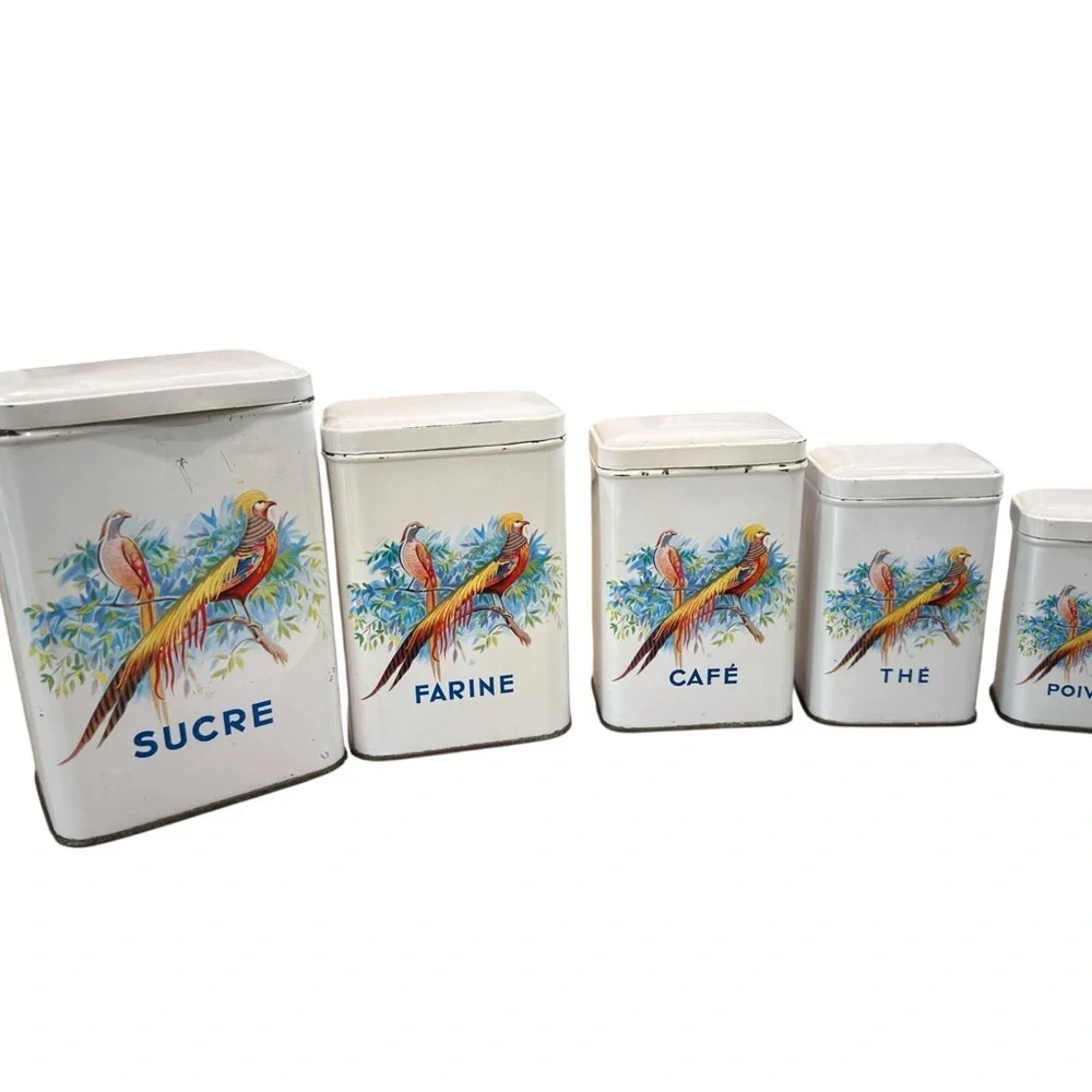 Antique kitchen Canisters Set of 5 Stackable  French 1920’s Tin With Lids As is